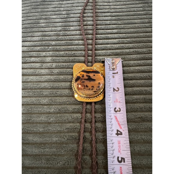 Vintage Western Bolo Tie Gold‎ Tone Metal Scenic Picture Jasper Stone Mens - Picture 9 of 11